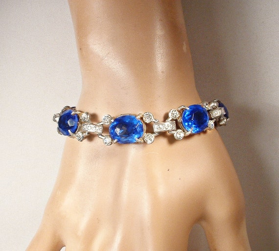 Antique Art Deco Sapphire Blue Crystal Bracelet,S… - image 7