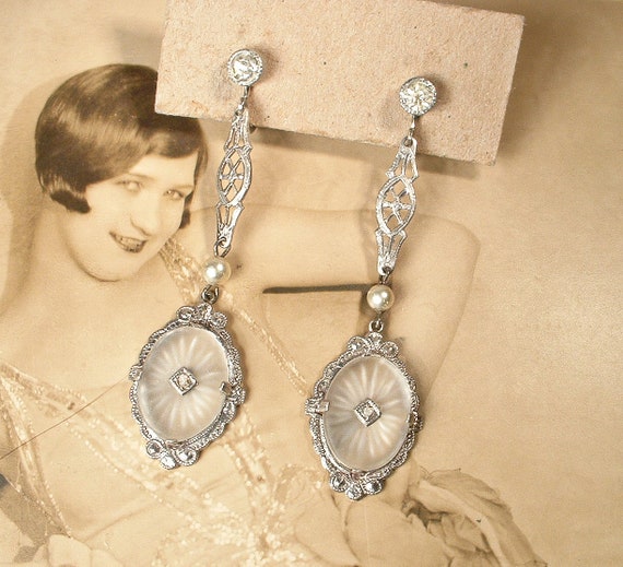 ANTiQUe 1920s DIAMOND Camphor Glass Dangle Earrin… - image 6