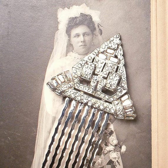 Antique 1920s Art Deco Bridal Hair Comb, Rhinestone Vintage 