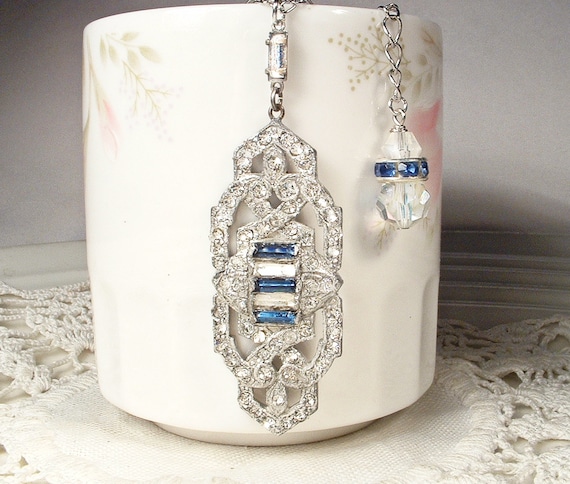 ANTiQue 1920s Art Deco Sapphire Rhinestone Pendan… - image 1