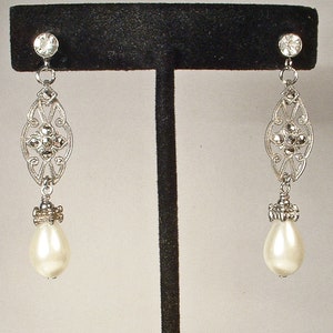 Vintage Art Deco Marcasite Ivory Pearl Earrings, Antique STeRLiNG SiLVeR Rhinestone Glass Pearl Bridal Dangle,1920s 1930s Wedding Long Drop image 4