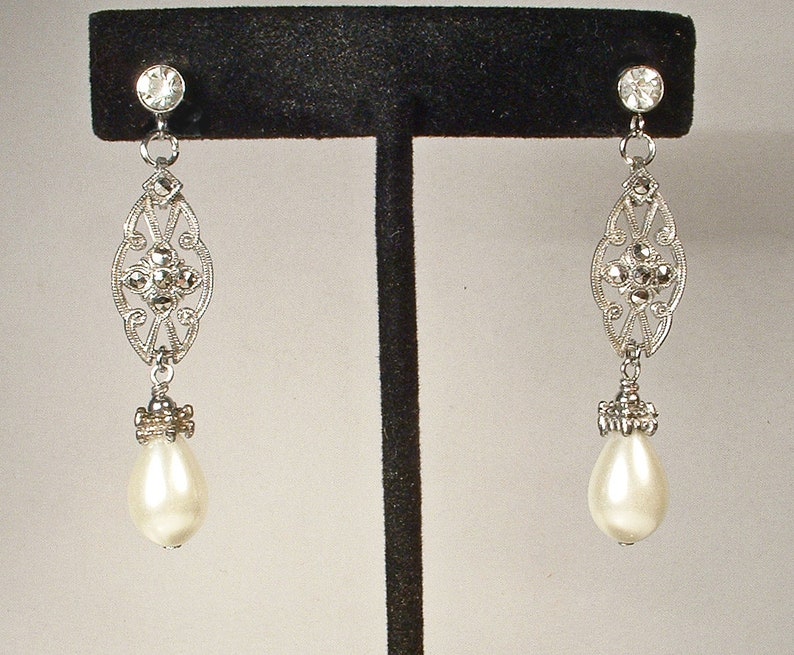 Vintage Art Deco Marcasite Ivory Pearl Earrings, Antique STeRLiNG SiLVeR Rhinestone Glass Pearl Bridal Dangle,1920s 1930s Wedding Long Drop image 4