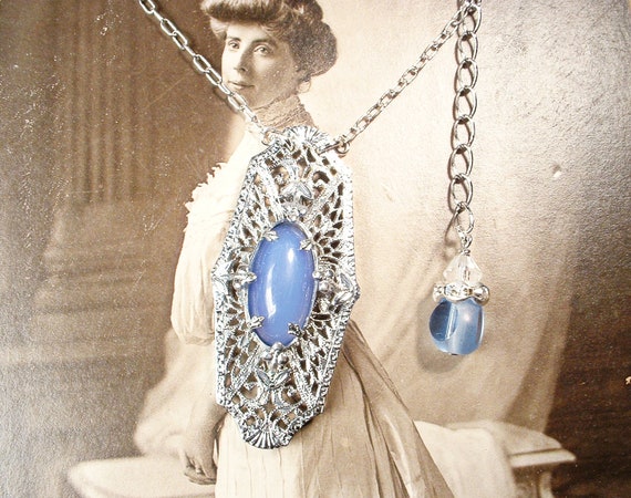 ANTiQue 1930s Art Deco Blue Chalcedony Gem Silver… - image 5