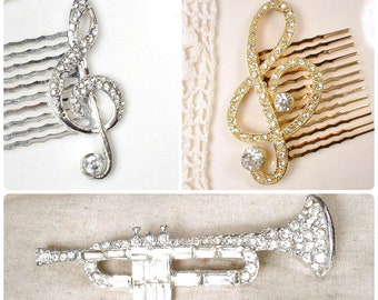 1 Vintage Rhinestone Music Bridal Hair Comb, Silver/Gold Treble Clef/Trumpet Brooch Hair Accessory Musical Wedding Headpiece Jazz Age Music