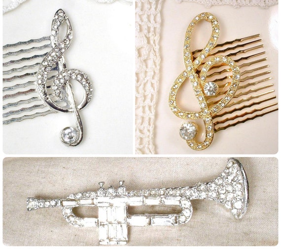 1 Vintage Rhinestone Music Bridal Hair Comb, Silv… - image 1