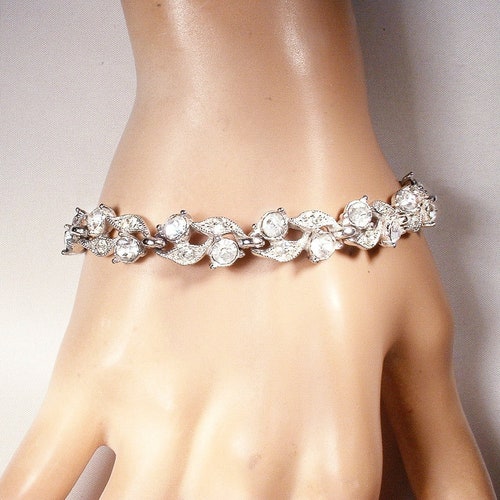 PRISTINE BOGOFF Art Deco Rhinestone Bracelet, 1940s Bridal shops Bracelet,Silver Pave Leaf Link Gatsby Wedding 1920s Flapper Statement Jewelry