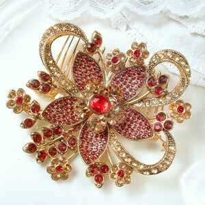 Vintage Red Brooch/Hair Comb, Large Gold Garnet Ruby Rhinestone Wedding Dress Sash/Bridal Headpiece, Wedding Flower Hairpiece Chinese Indian image 3