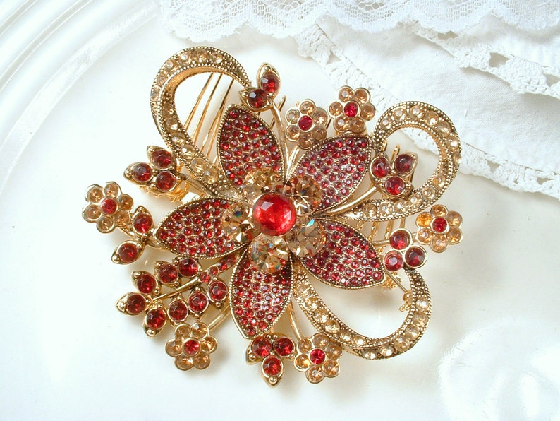 Vintage Red Brooch/Hair Comb, Large Gold Garnet Ruby Rhinestone Wedding Dress Sash/Bridal Headpiece, Wedding Flower Hairpiece Chinese Indian image 3