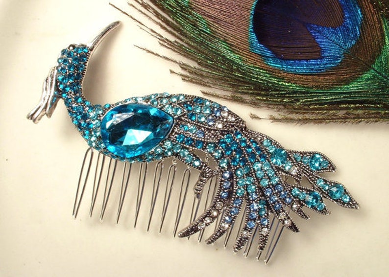 Turquoise Blue Rhinestone Peacock Bridal Hair Comb,Teal Aqua Bird Silver Brooch Large Headpiece Art Deco Jeweled Hairpiece Wedding Accessory image 1