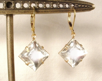 Gold Art Deco Rhinestone Bridal Earrings, Vintage Wedding Bridesmaids Dangle Earrings Flapper Great Gatsby Downton Square Jewelry 1920s Gift