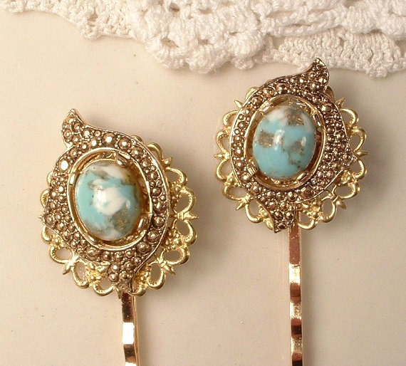 Turquoise Ivory Pearl Gold Bridal Hair Comb & Pin… - image 4