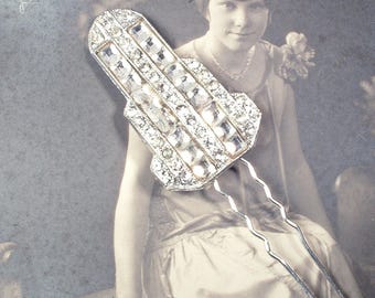 Antique 1920s Bridal Hair Pin, Art Deco Large Rhinestone Something Old Headpiece, Vintage Silver Chignon Stick Pick Hairpiece Gift