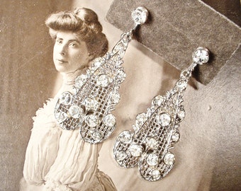 PRISTINE ANTiQUe 1930s Paste Rhinestone Art Deco Flapper Earrings, Silver Filigree Crystal Dangle, Bridal Vintage 1920s Wedding Screw On