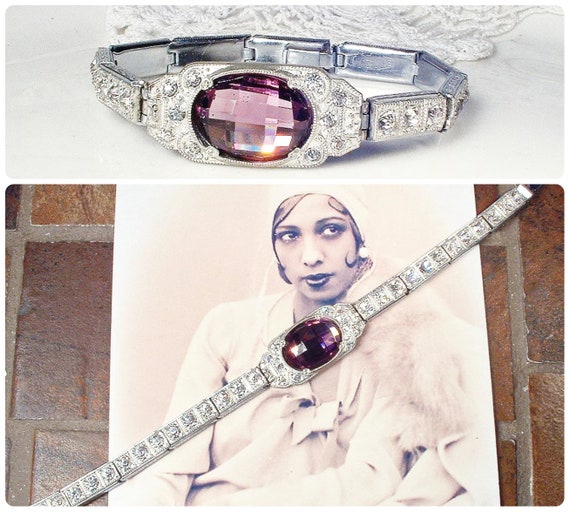 ANTIQUE Art Deco Purple Rhinestone Bracelet, 1920… - image 1