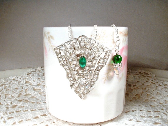 PRISTINE ANTiQue Emerald Rhinestone Art Deco Neck… - image 4