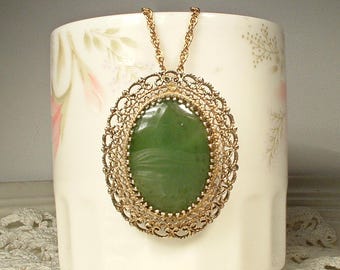 Vintage Genuine Nephrite Jade Vermeil Pendant Necklace/Pin, Karen Lynn Signed Gold Plated STERLING Silver Oval Emerald Green Stone