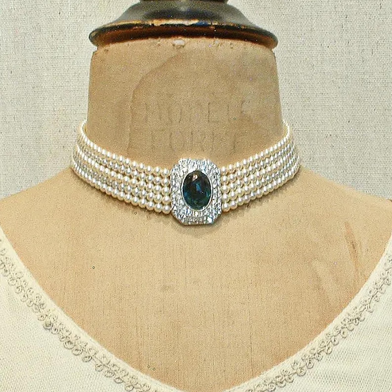 Vintage Sapphire Rhinestone Vanilla White Pearl Choker, Bridal Necklace, Multi 5 Strand Navy Blue Art Deco Designer Princess Diana image 3