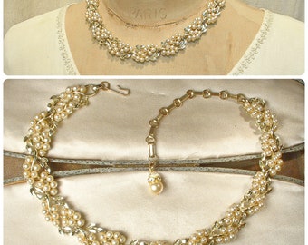 Vintage Gold Ivory Champagne Pearl Necklace, Leaf Bridal Necklace, Leaves/Flowers Statement Choker Modern Vintage Wedding 1950s 1960s Lisner