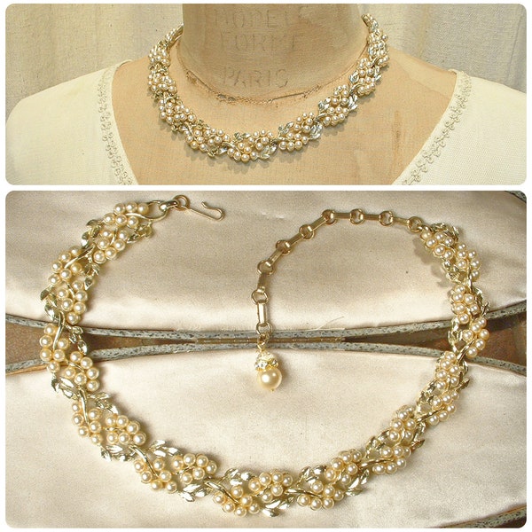 Vintage Gold Ivory Champagne Pearl Necklace, Leaf Bridal Necklace, Leaves/Flowers Statement Choker Modern Vintage Wedding 1950s 1960s Lisner