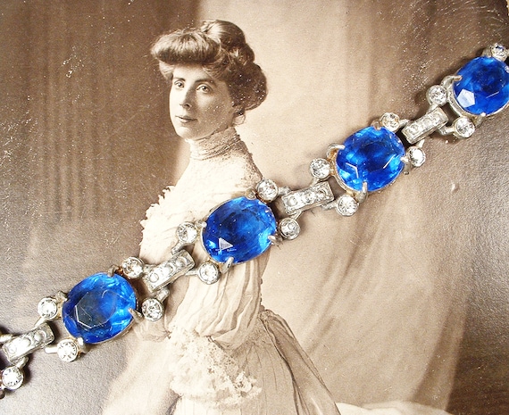 Antique Art Deco Sapphire Blue Crystal Bracelet,S… - image 4