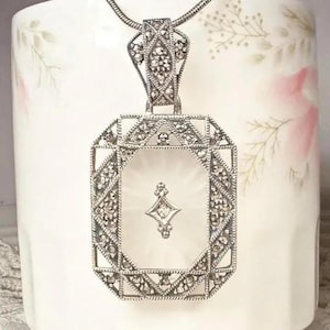 Vintage Art Deco DIAMOND Camphor Glass Marcasite Pendant Necklace,JuDiTH JaCK STeRLiNG SiLVeR Filigree Bridal 1920s Wedding JJ Designer Gift