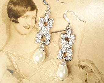 Vintage Art Deco Ivory Pearl Bridal Earrings, 1920s Flapper Edwardian Pave Rhinestone Antique Silver Dangle Drops, Gatsby Wedding Jewelry