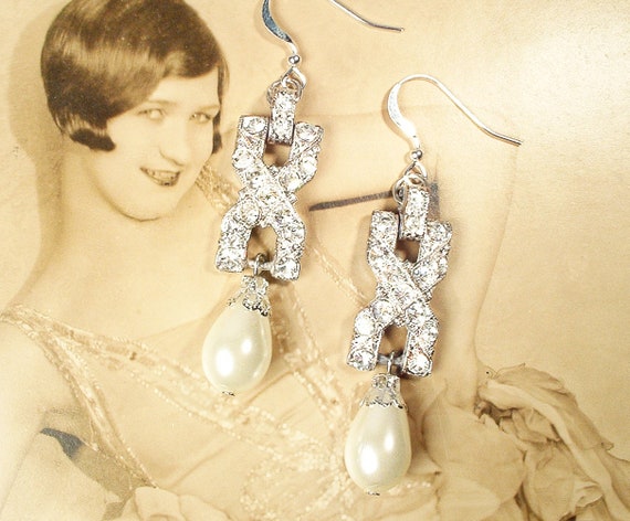 Vintage Art Deco Ivory Pearl Bridal Earrings, 192… - image 1