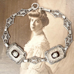 Antique 1920s Edwardian Black Camphor Glass Bracelet, Art Deco STeRLiNG SiLVeR Filigree Rhinestone Bridal, 1920 Wedding Vintage Rock Crystal