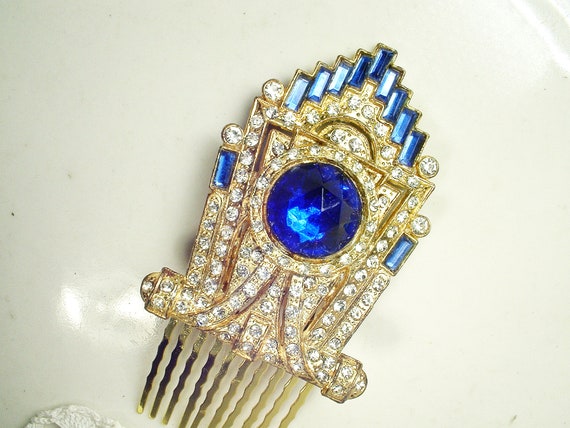 Antique Sapphire Art Deco Hair Comb, Vintage Brid… - image 7