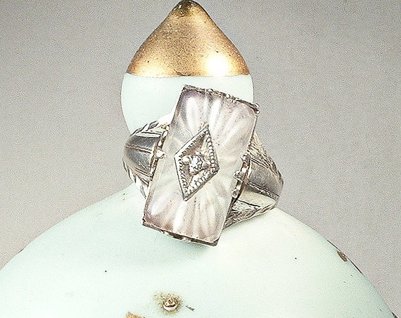 Antique DIAMOND Camphor Glass Ring, STeRLiNG SiLV… - image 1