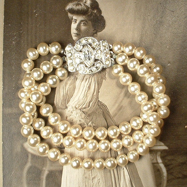 Vintage Art Deco Cream Ivory Glass Pearl Bracelet,Rhinestone Silver Multi Strand Bridal, 1920s Wedding Flapper Antique Cuff Something Old