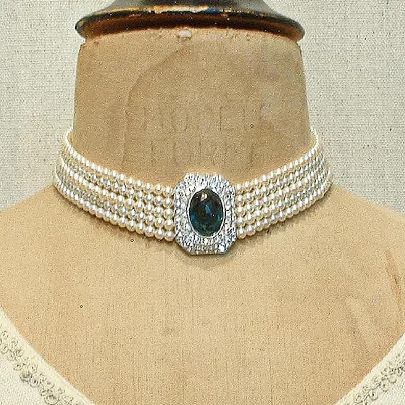 Vintage Sapphire Rhinestone Vanilla White Pearl Choker, Bridal Necklace, Multi 5 Strand Navy Blue Art Deco Designer Princess Diana image 2
