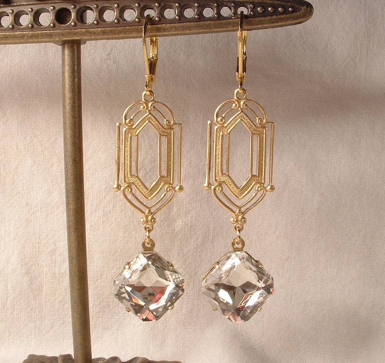 Art Deco Clear Rhinestone Gold Dangle Earrings,Long 1920s Style Bridal, Geometric Flapper Edwardian Gatsby Vintage Wedding Bridesmaid Gift image 2