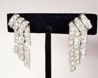 PRISTINE Vintage 1940s Designer ORA Art Deco Rhinestone Dangle Earrings, Silver Crystal Screw On Back, Gatsby Bridal/Wedding