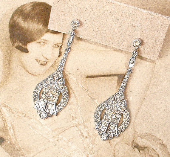 Antique Crystal Rhinestone Art Deco Earrings, Silv