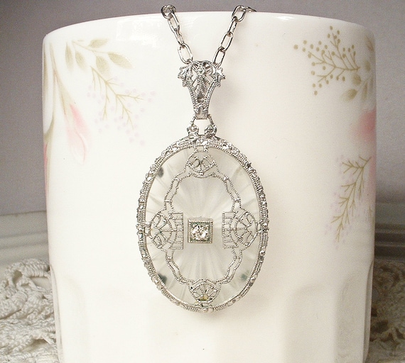 Antique Art Deco Camphor Glass Necklace, Silver R… - image 2