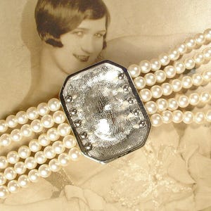 Vintage Sapphire Rhinestone Vanilla White Pearl Choker, Bridal Necklace, Multi 5 Strand Navy Blue Art Deco Designer Princess Diana image 11