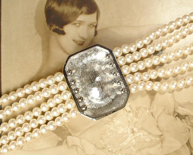 Vintage Sapphire Rhinestone Vanilla White Pearl Choker, Bridal Necklace, Multi 5 Strand Navy Blue Art Deco Designer Princess Diana image 11