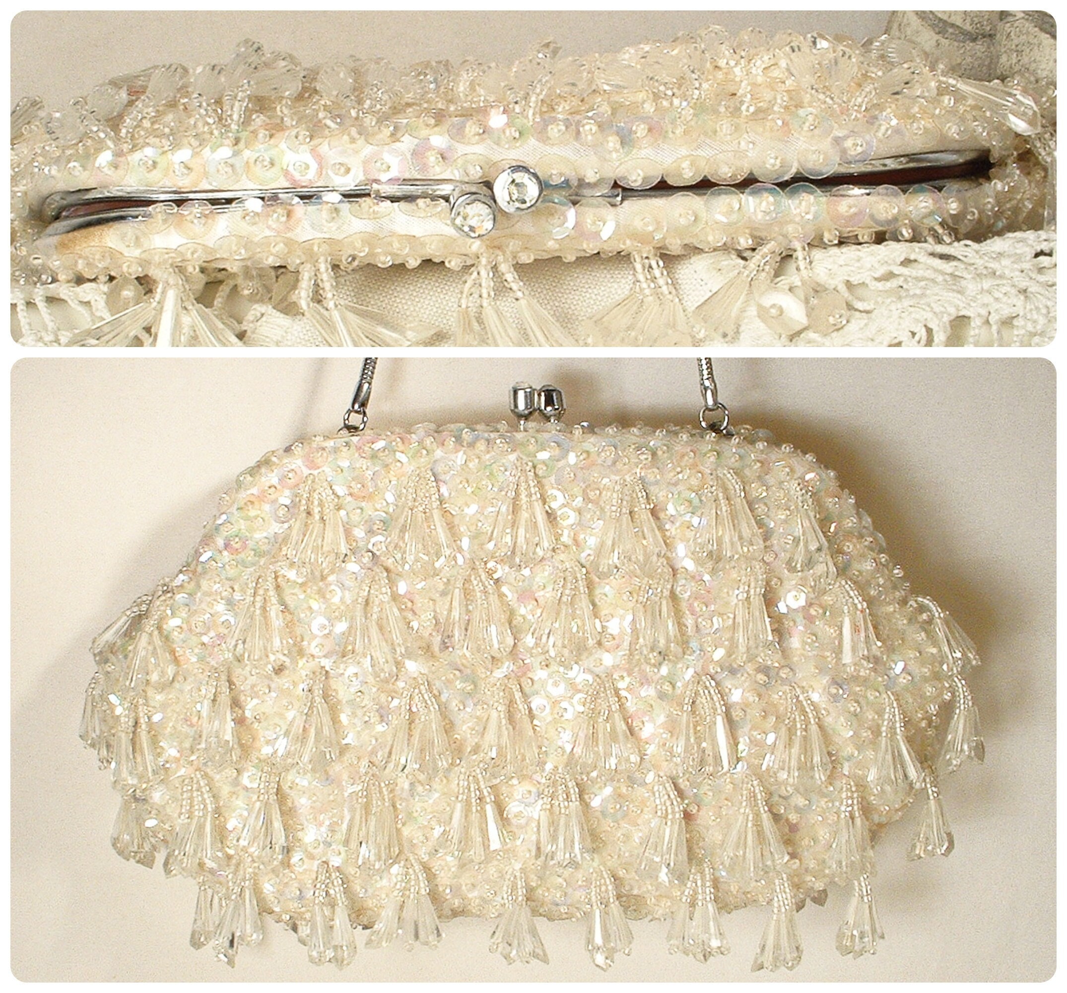 Vintage 1950s Beaded Evening Bag with Diamante Clasp France