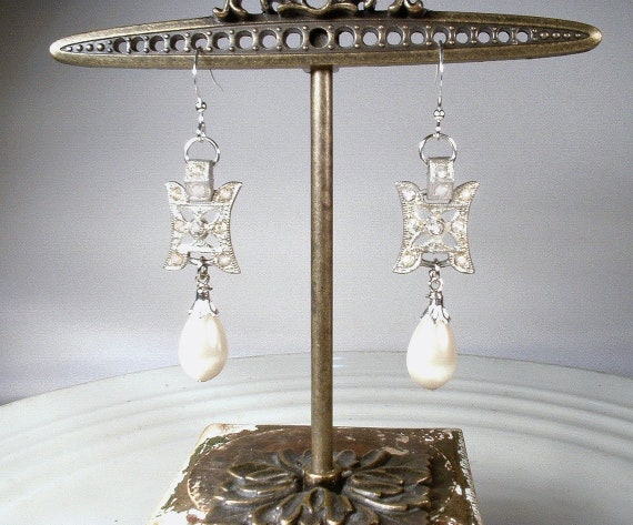 1920s Edwardian Pearl Drop Earrings,Sterling Silv… - image 4