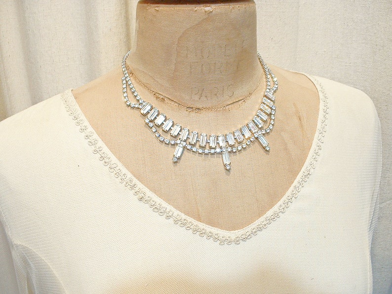 PRISTINE Vintage Old Hollywood Glam Rhinestone Necklace,Silver Clear Baguette Crystal Art Deco Bridal Choker, Gatsby Wedding Tennis WEISS image 8