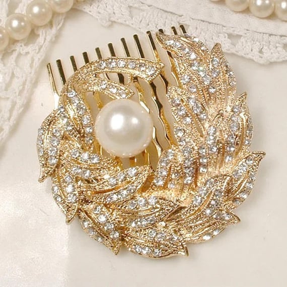 Gold Rhinestone White/ivory Pearl Leaf Hair Comb, Vintage  display picture 1