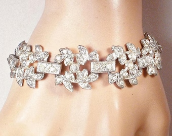 Vintage 1930s Art Deco Rhinestone Bracelet, Bridal Antique Wide Paste Crystal Leaf Link, 1920s Wedding Gatsby Flapper Something Old Gift