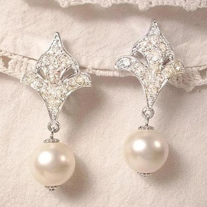 Pendientes vintage Art Déco color blanco hueso/marfil con perlas y pedrería, colgantes para novia, con cristales plateados, estilo años 20, estilo flapper, con clip, al estilo del viejo Hollywood.