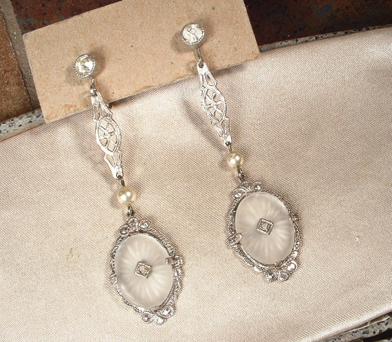 ANTiQUe 1920s DIAMOND Camphor Glass Dangle Earrin… - image 7