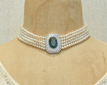 Vintage Sapphire Rhinestone Vanilla White Pearl Choker,  Bridal Necklace, Multi 5 Strand Navy Blue Art Deco Designer Princess Diana