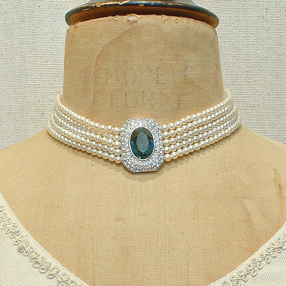 Vintage Sapphire Rhinestone Vanilla White Pearl Choker,  Bridal Necklace, Multi 5 Strand Navy Blue Art Deco Designer Princess Diana