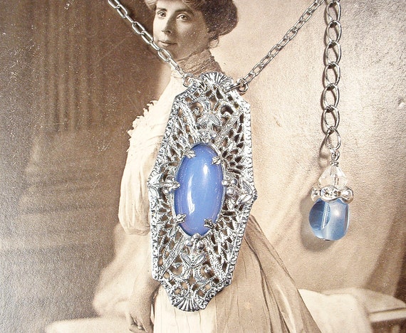 ANTiQue 1930s Art Deco Blue Chalcedony Gem Silver… - image 1