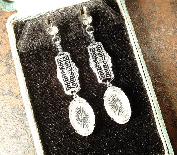 Art Deco Vintage Camphor Glass Dangle Earrings, A… - image 9