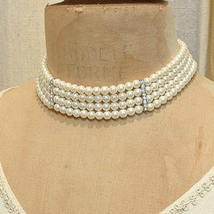 PRISTINE Vintage Art Deco Ivory Pearl Bridal Choker Necklace, Multi Strand Simulated Pearl Rhinestone 1920s Wedding, Layered Silver OR Gold